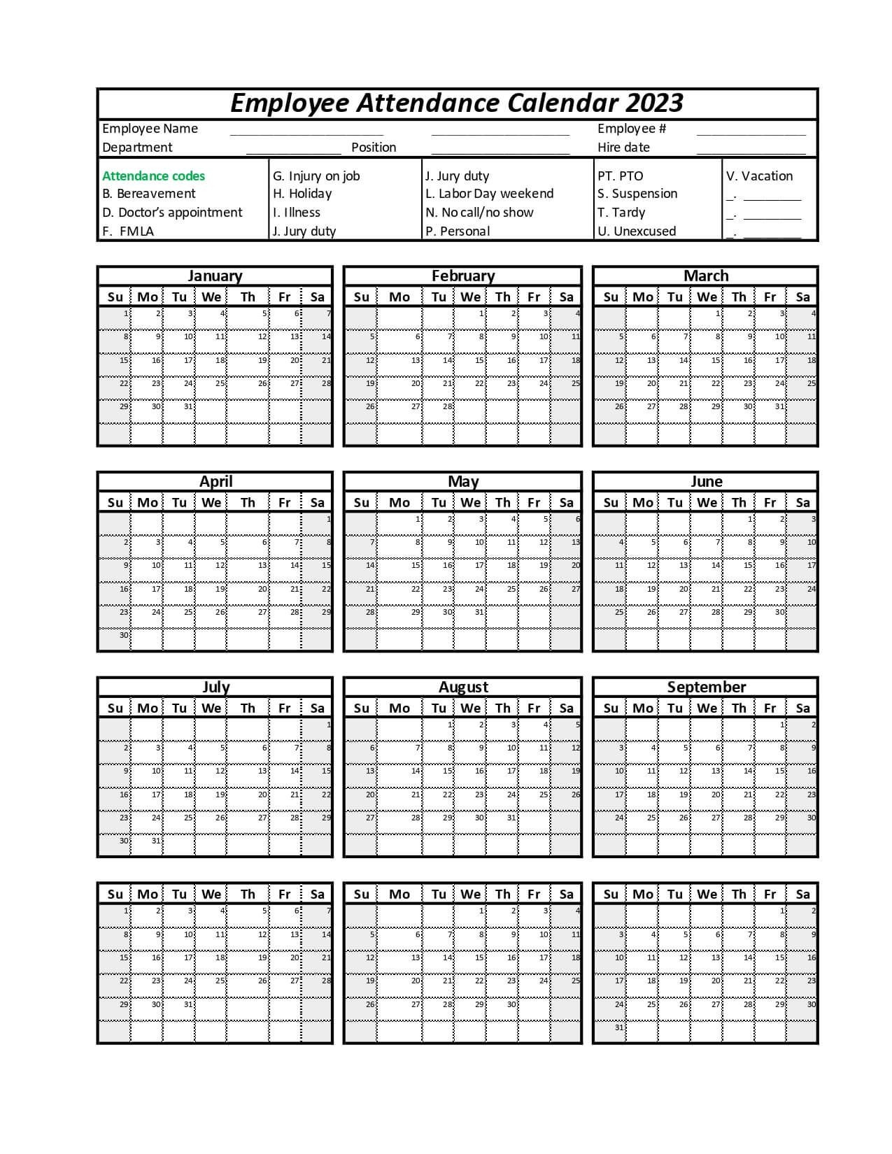 2025 Attendance Calendar Free Printable Diana Vanfernandez