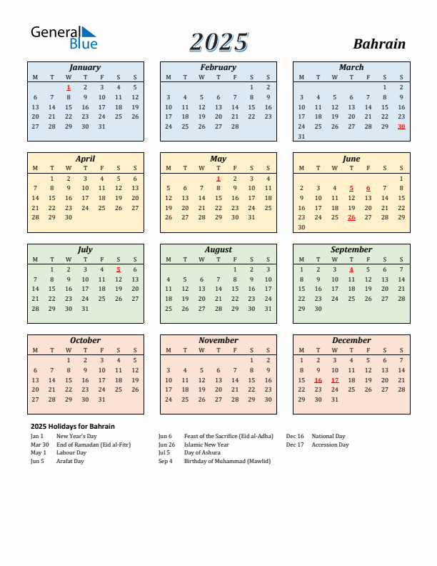2025 Bahrain Calendar With Holidays