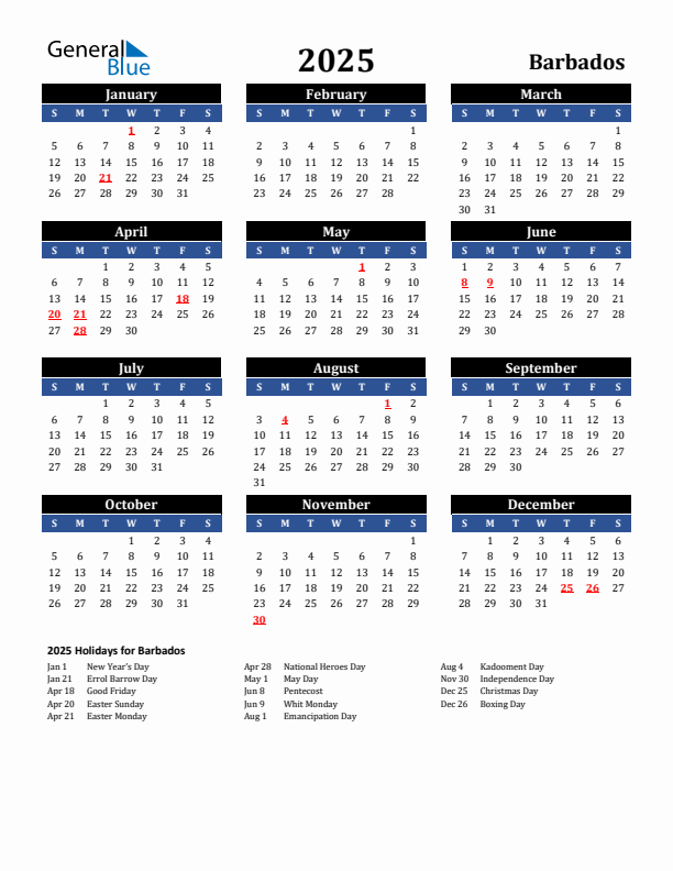 2025 Barbados Calendar With Holidays