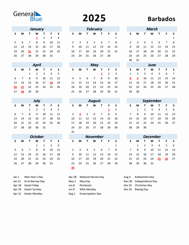 2025 Barbados Calendar With Holidays