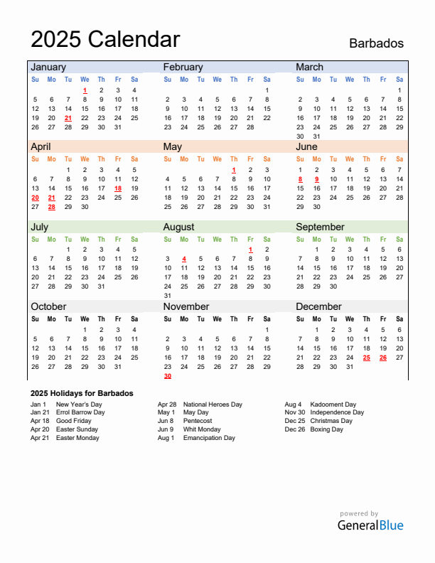 2025 Barbados Calendar With Holidays
