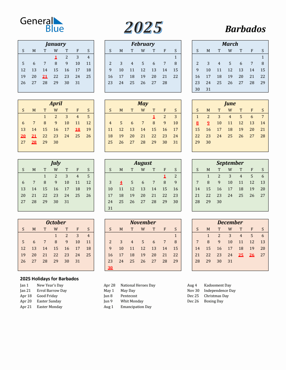 2025 Barbados Calendar With Sunday Start
