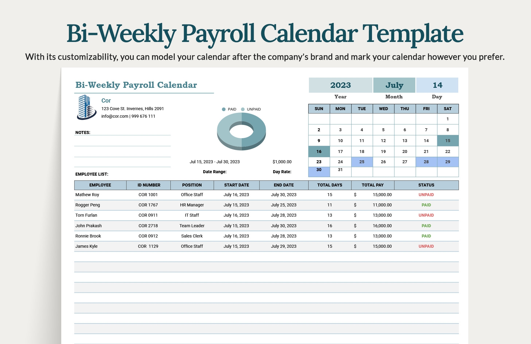 2025 Biweekly Payroll Calendar Template Excel Free Download Images 