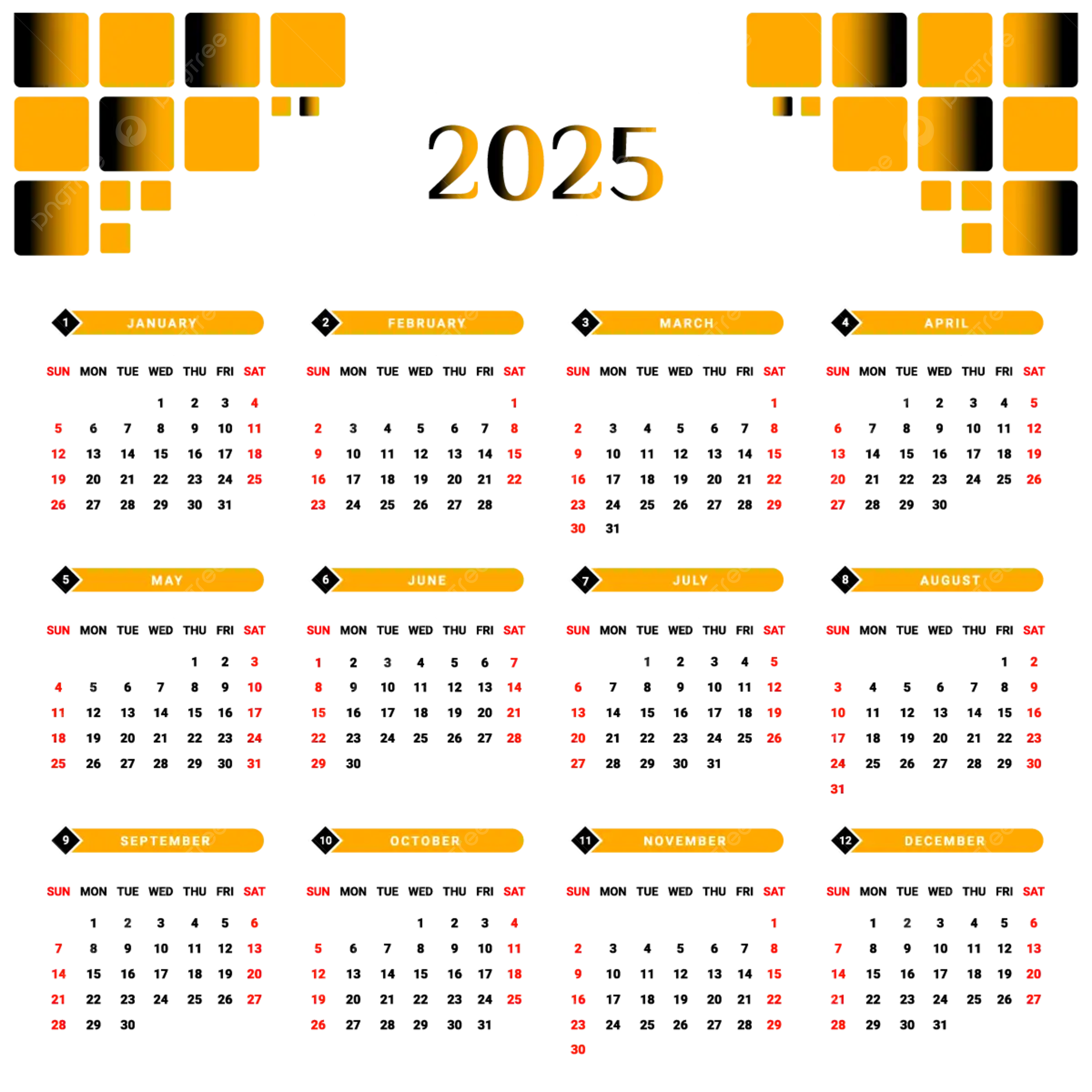 2025 Black And Yellow Unique Design Calendar Vector Calendar Calendar 