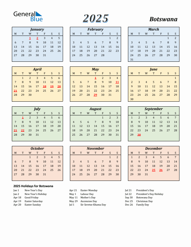 2025 Botswana Calendar With Holidays