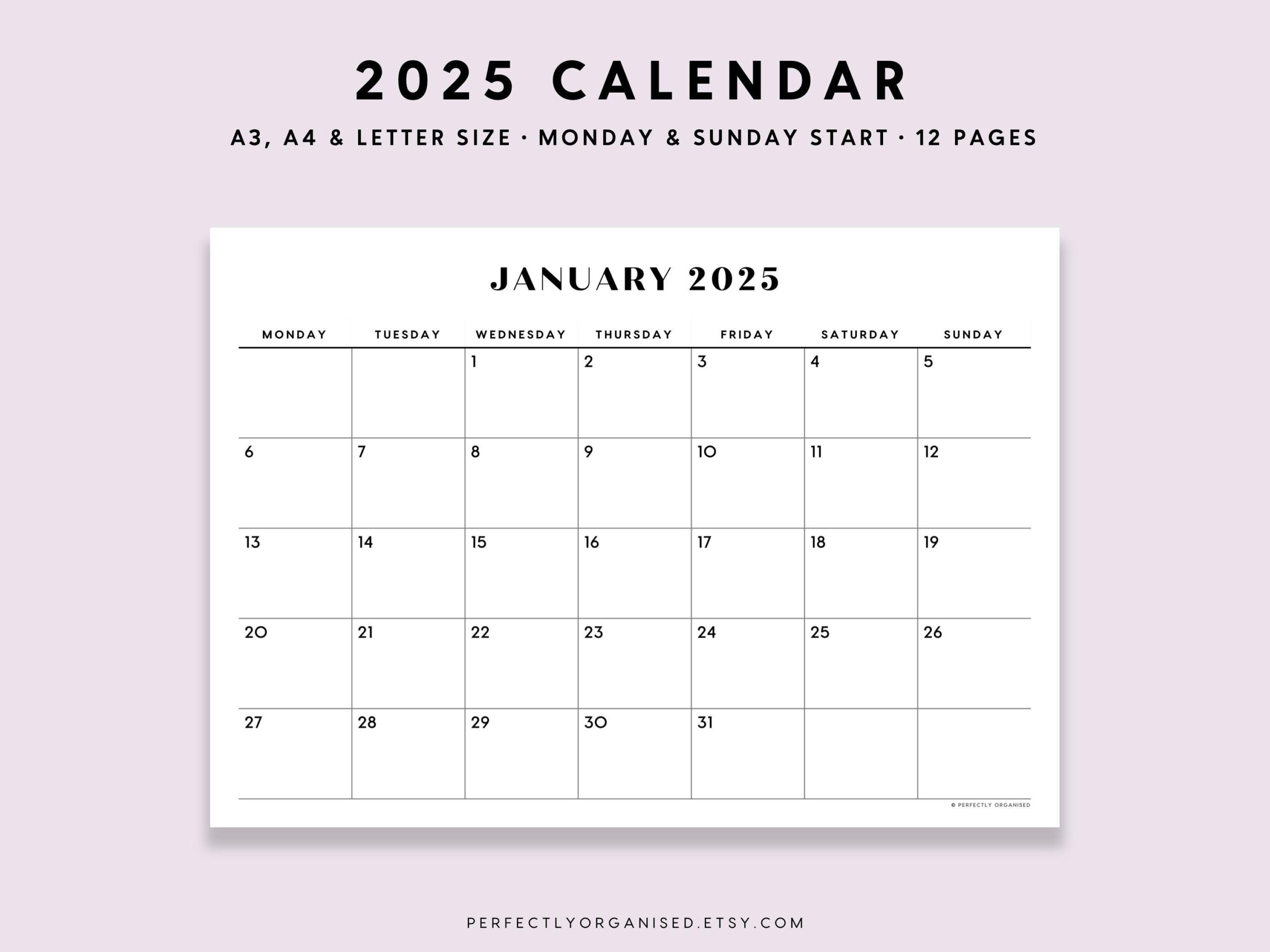 2025 Calendar 2025 Calendar Printable 2025 Monthly Calendar 2025 Wall 