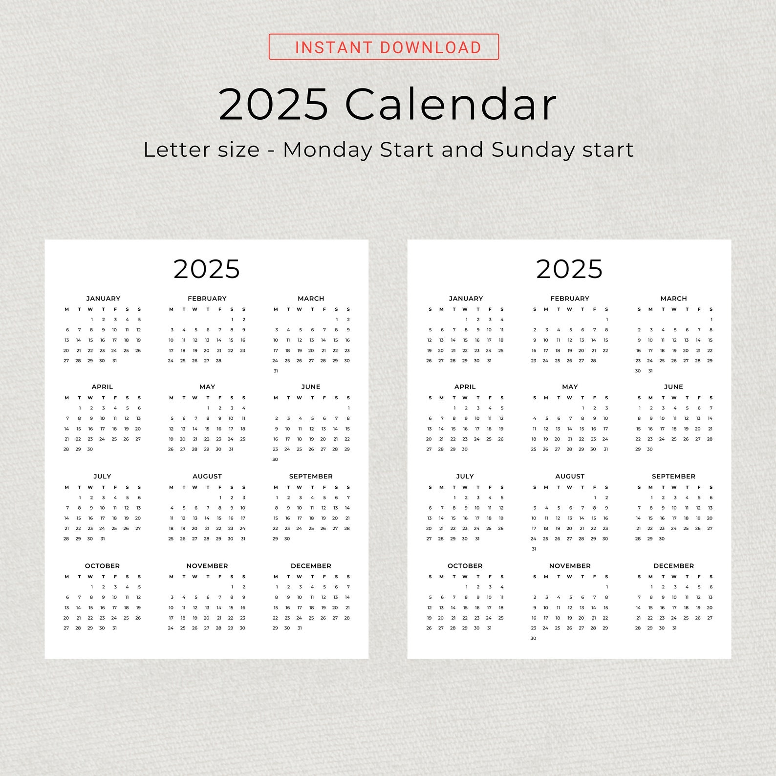 2025 Calendar 2025 Yearly Calendar Printable 2025 Wall Calendar 2025 