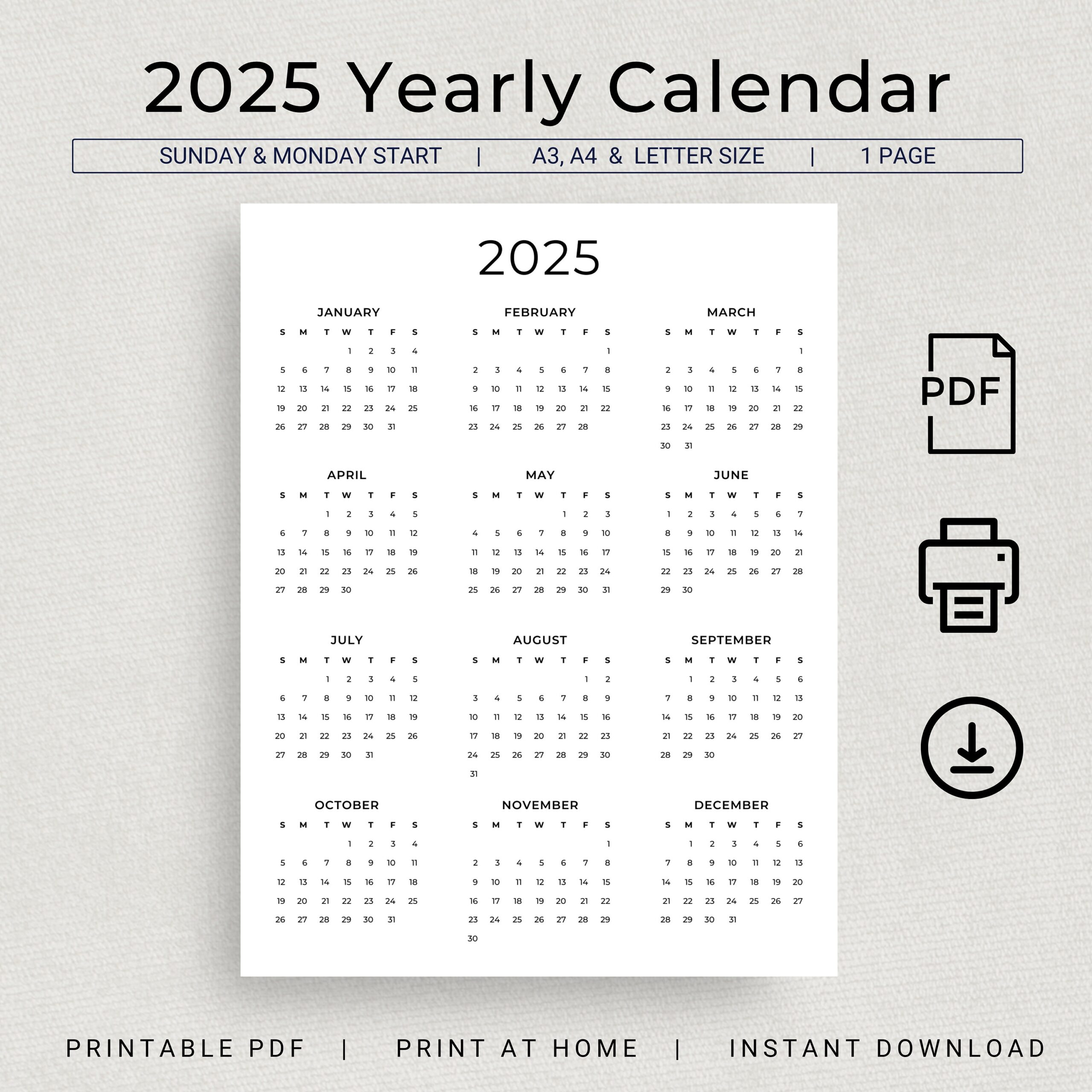 2025 Calendar 2025 Yearly Calendar Printable 2025 Wall Calendar 2025