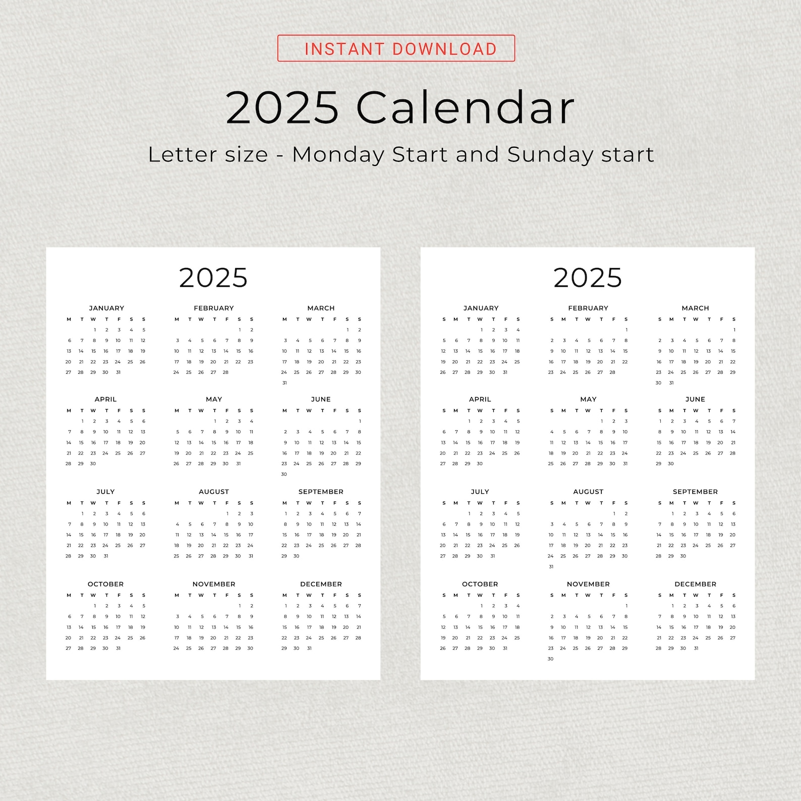 2025 Calendar 2025 Yearly Calendar Printable 2025 Wall Calendar 2025 