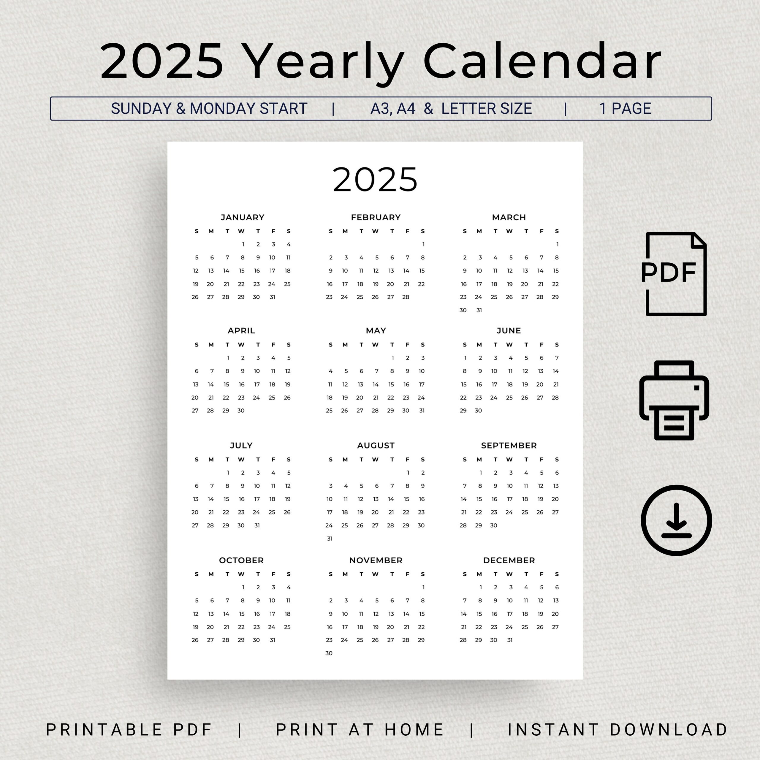 2025 Calendar 2025 Yearly Calendar Printable 2025 Wall Calendar 2025