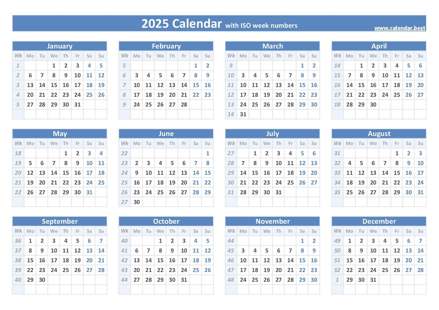 2025 Calendar By Week Count Andrea T Olesen