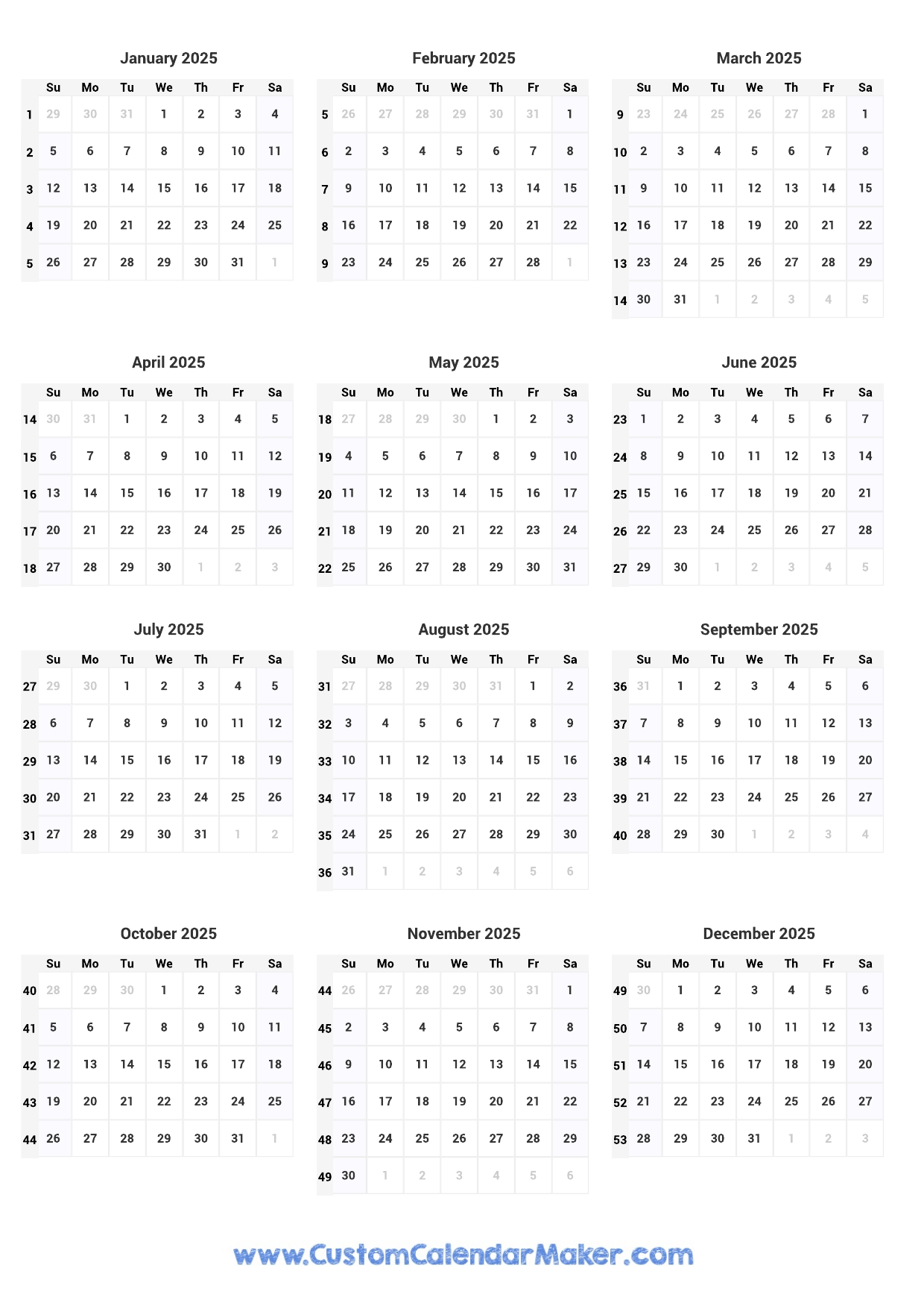 2025 Calendar By Week Count Andrea T Olesen