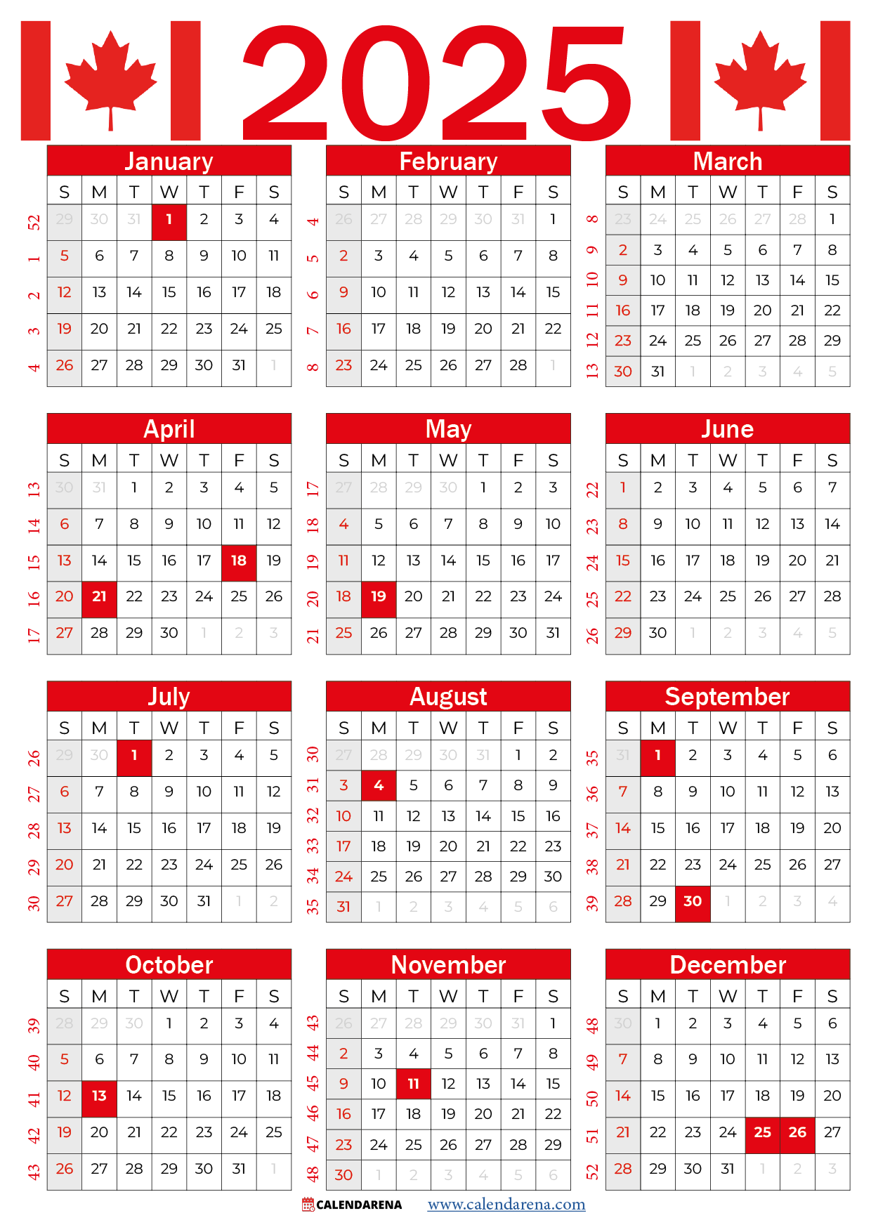 2025 Calendar Canada Monthly Printable Free Leila Benjamin