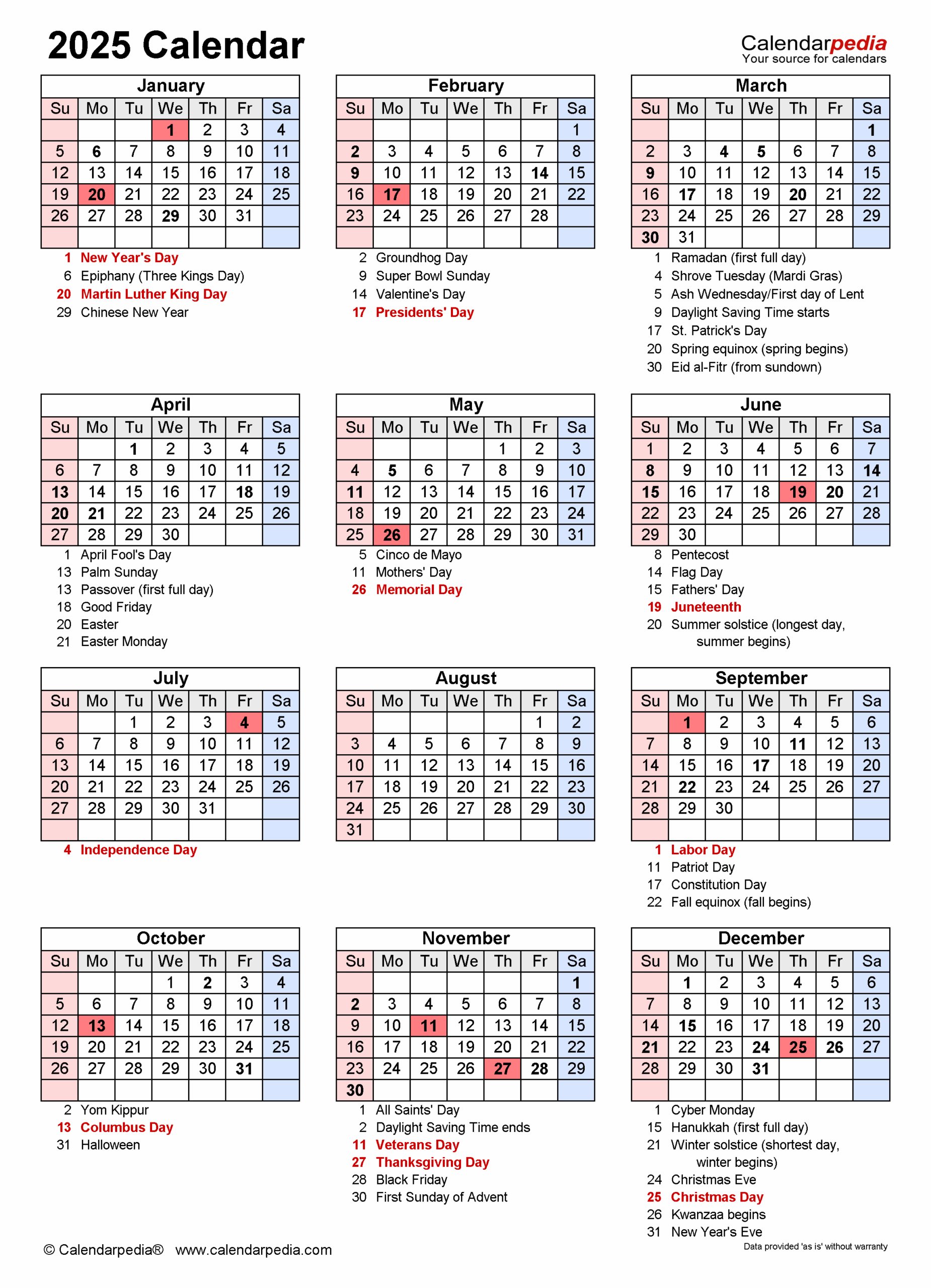 2025 Calendar With Holidays List