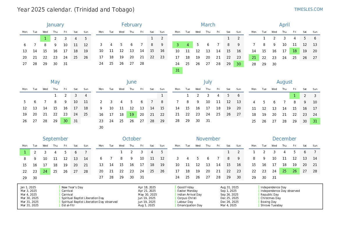2025 Calendar Of Public Holidays In Trinidad And Tobago Alvaro L Scott