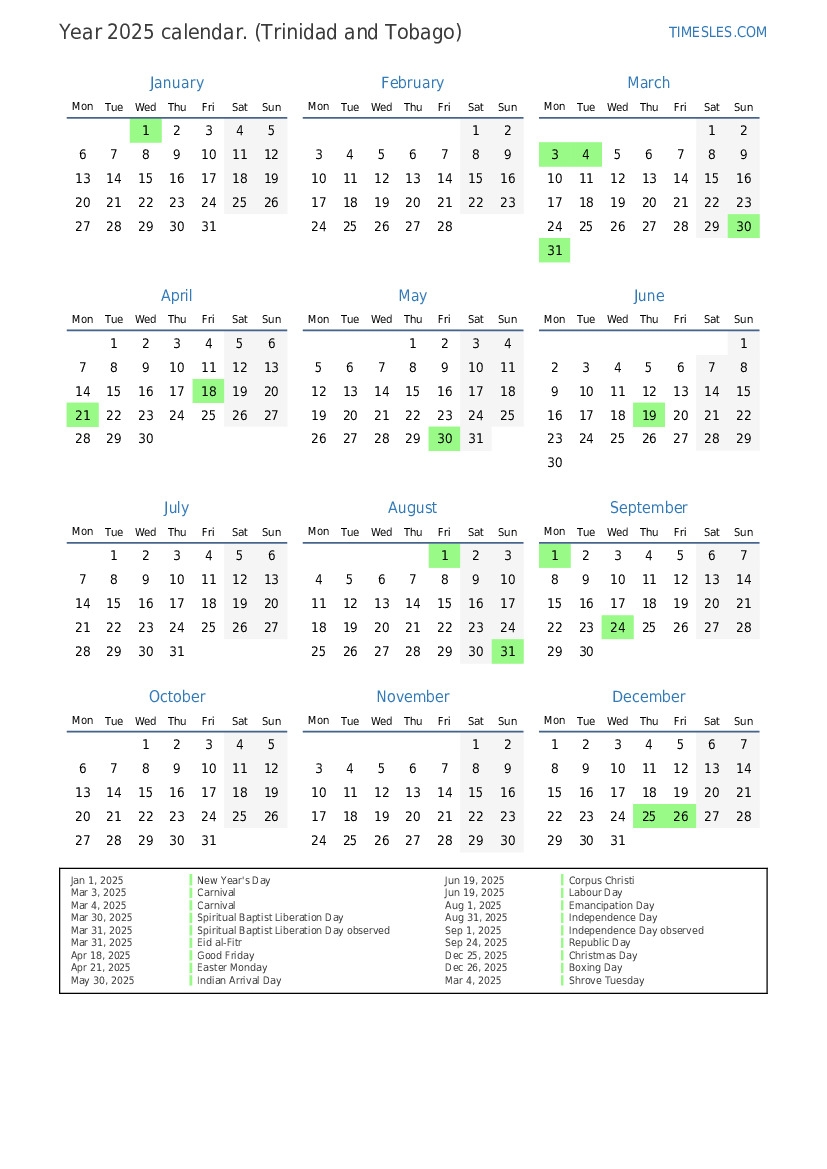 2025 Calendar Of Public Holidays In Trinidad And Tobago Alvaro L Scott
