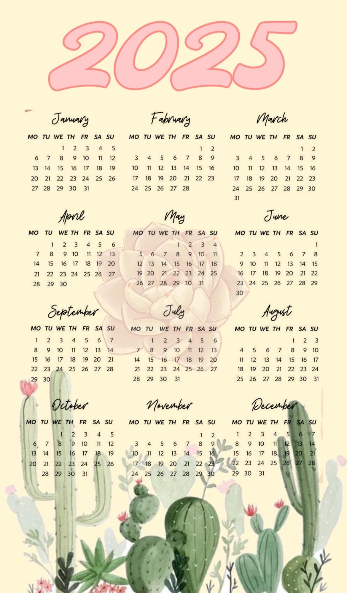 2025 Calendar Printable Cute Aesthetic Succulent Girly Pastel Calendar