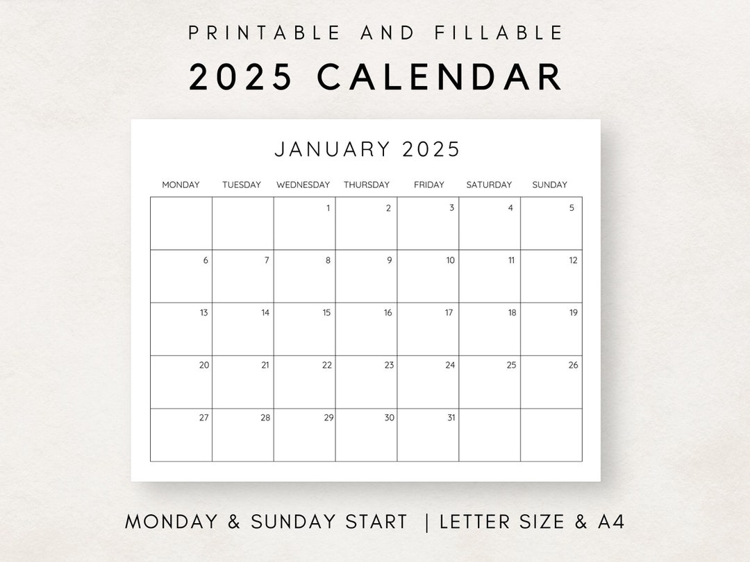 2025 Calendar Printable Monthly Calendar 2025 Fillable Calendar 2025