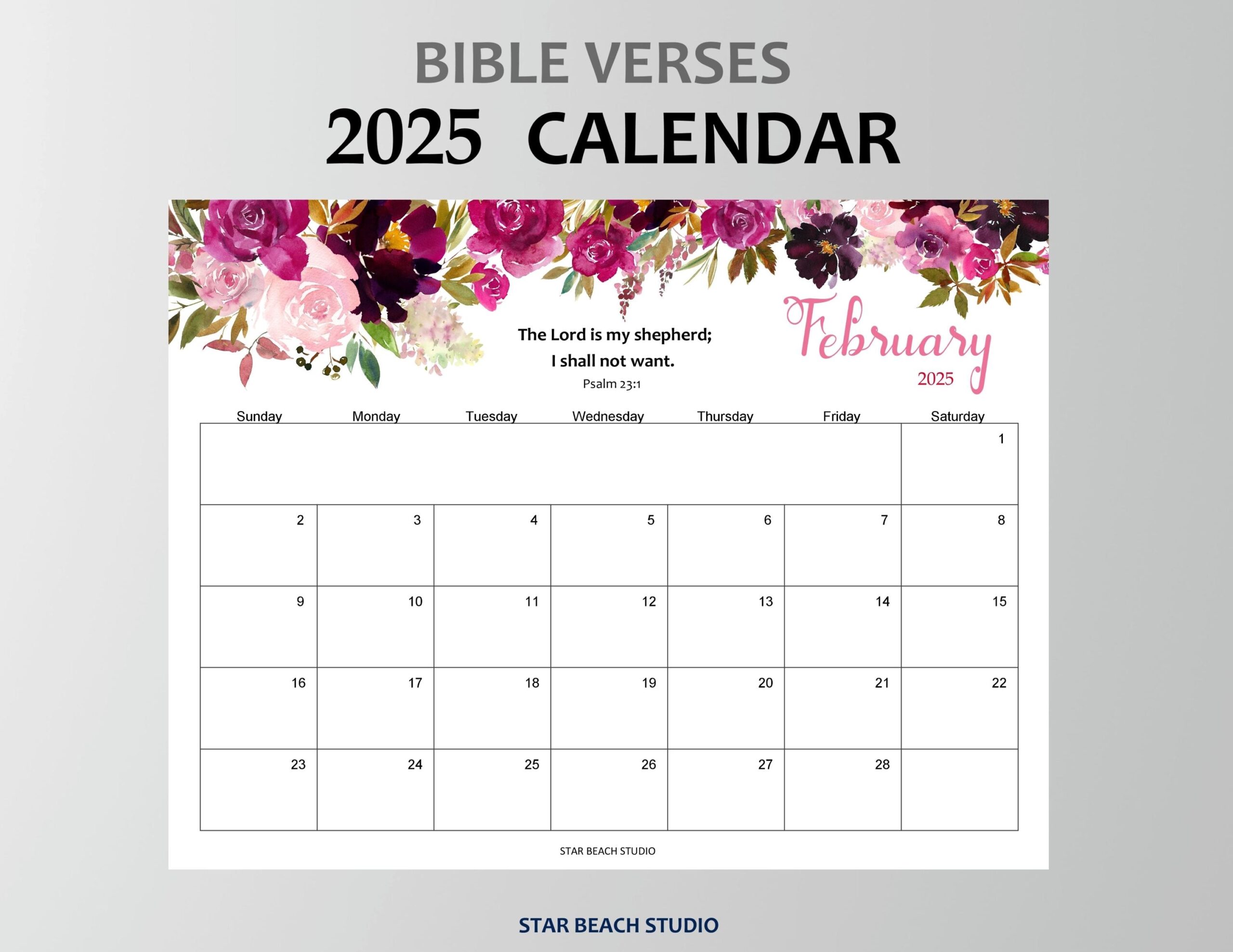 2025 Calendar PRINTABLE Psalms Bible Verse Floral Monthly Planner 