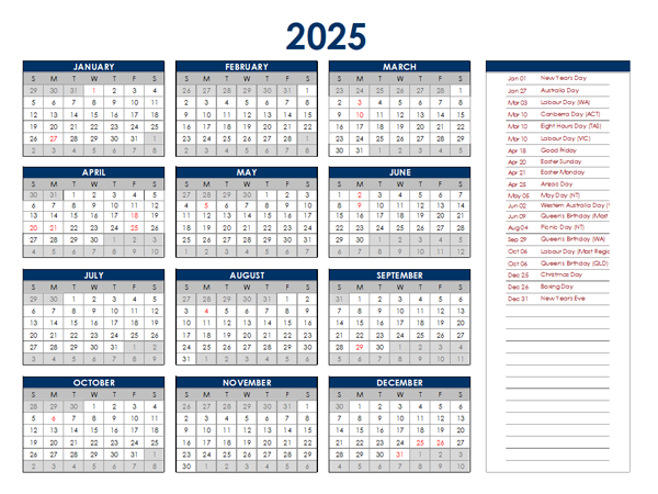 2025 Calendar Queensland Printable Hal D Williams
