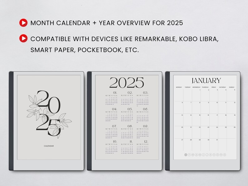 2025 Calendar Template For E ink Tablet Monthly Calendar Paper Tablet 
