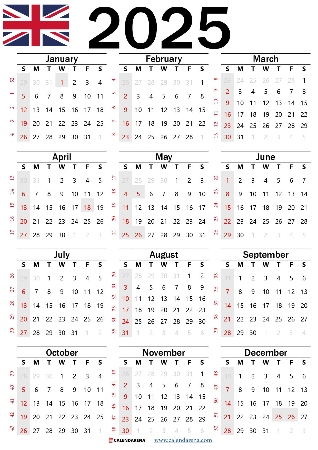 2025 Calendar UK With Holidays