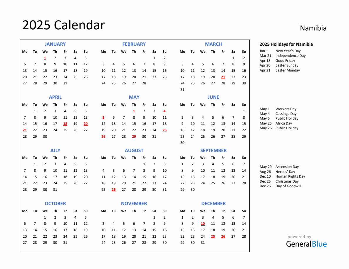2025 Calendar With Holidays For Namibia