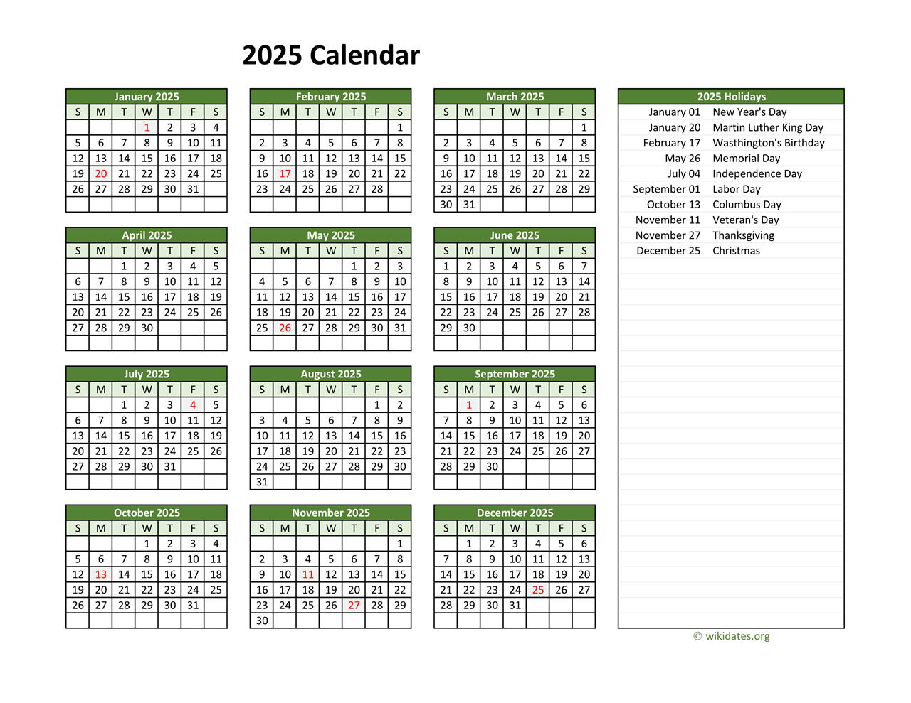 2025 Calendar With Holidays Free Printable Marshall Lerato
