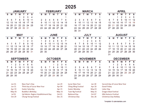 2025 Calendar With Holidays Hong Kong Printable Pdf Free Download 
