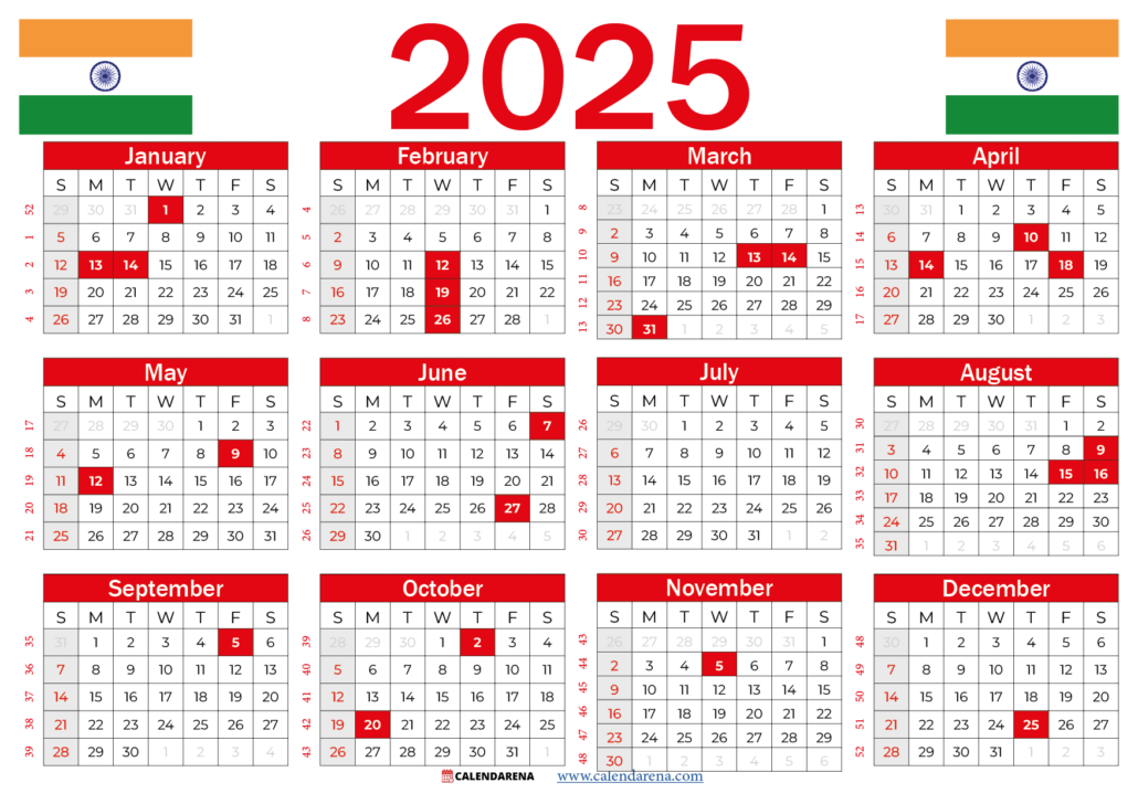 2025 Calendar With Holidays India Printable Sebastian Maclean