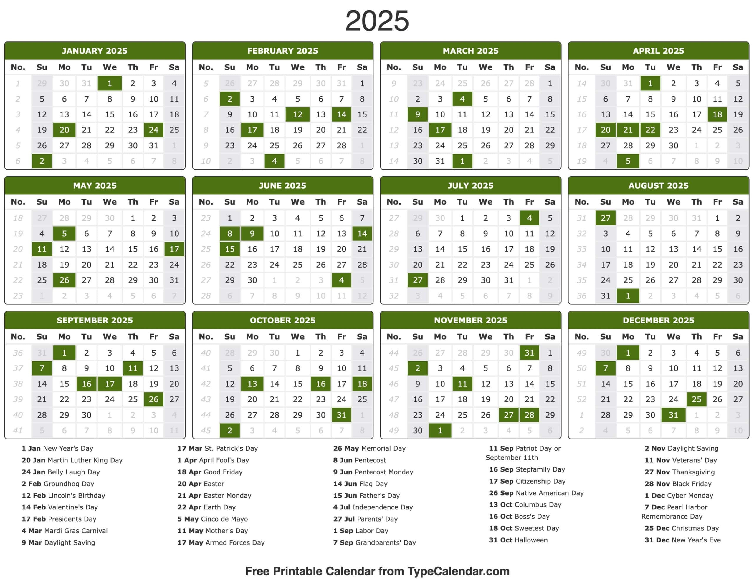 2025 Calendar With Holidays Printable Printable Calendars