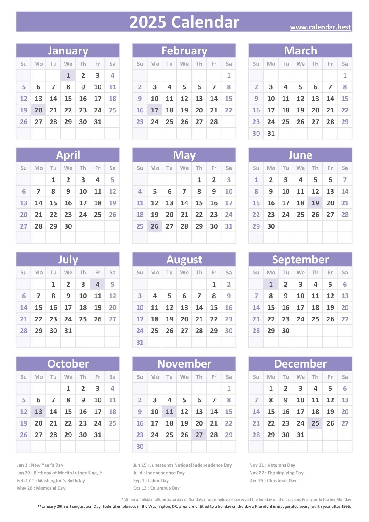 Calendar Days For 2025