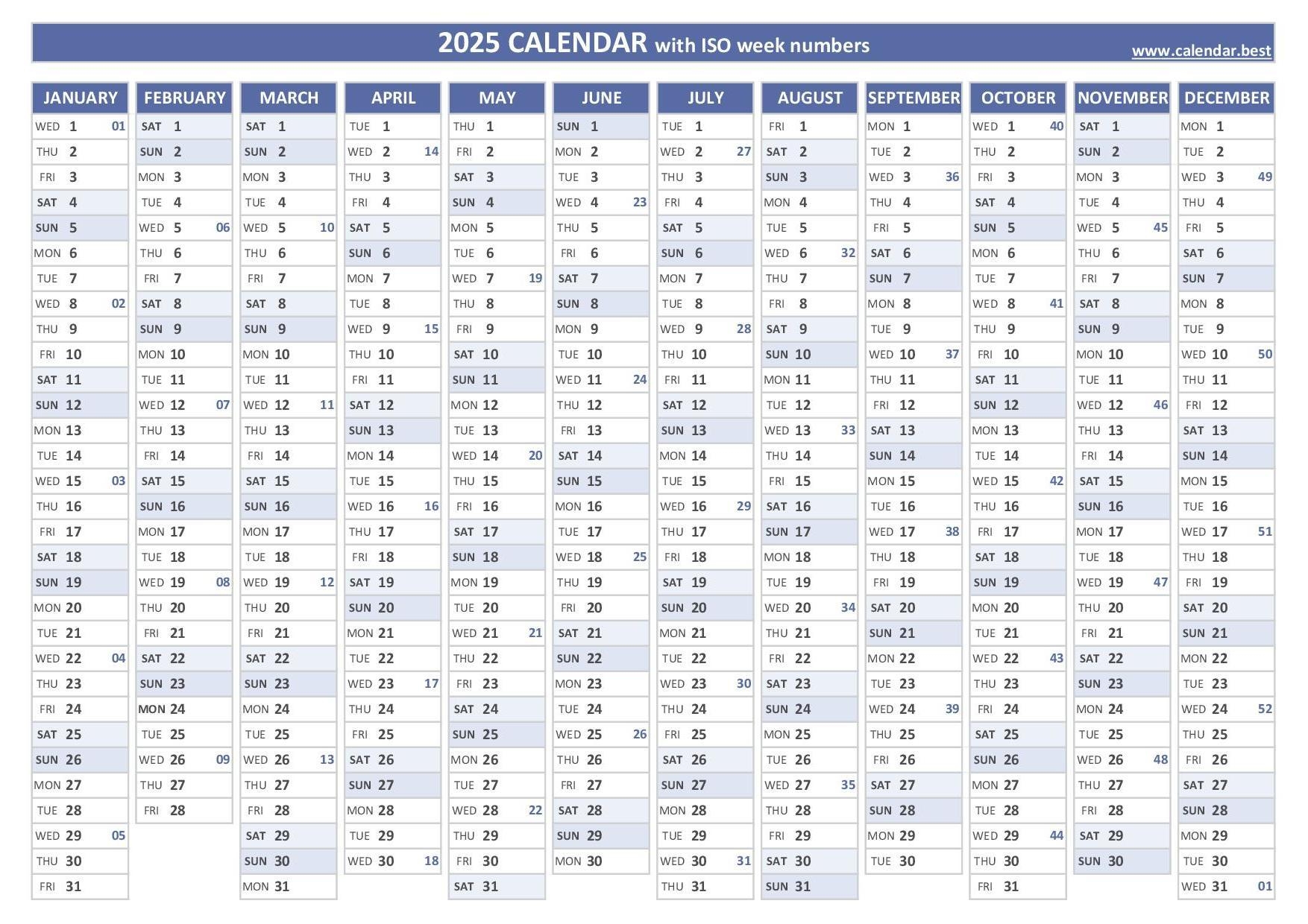 2025 Calendar With Week Numbers US And ISO Week Numbers 