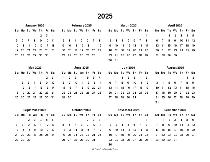 2025 Calendar Printable Sunday Start