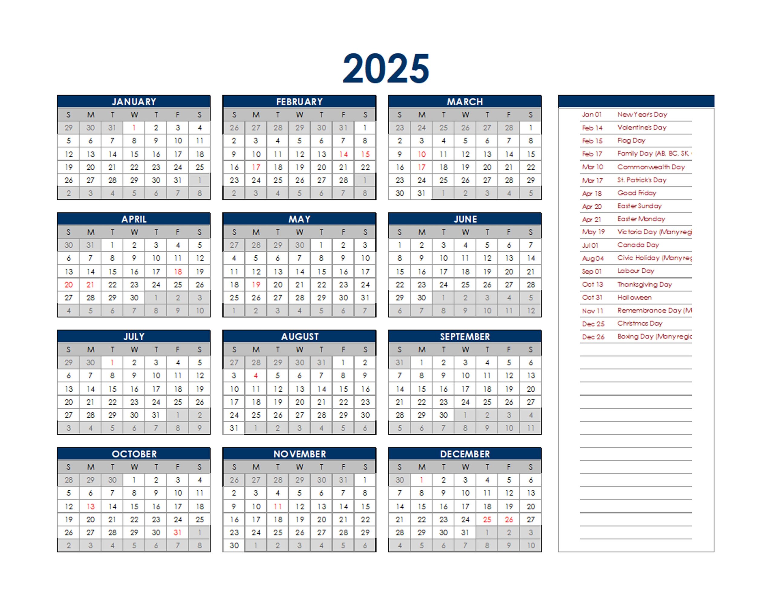 2025 Canada 2025 Calendar With Holidays Dalia Yalanuna