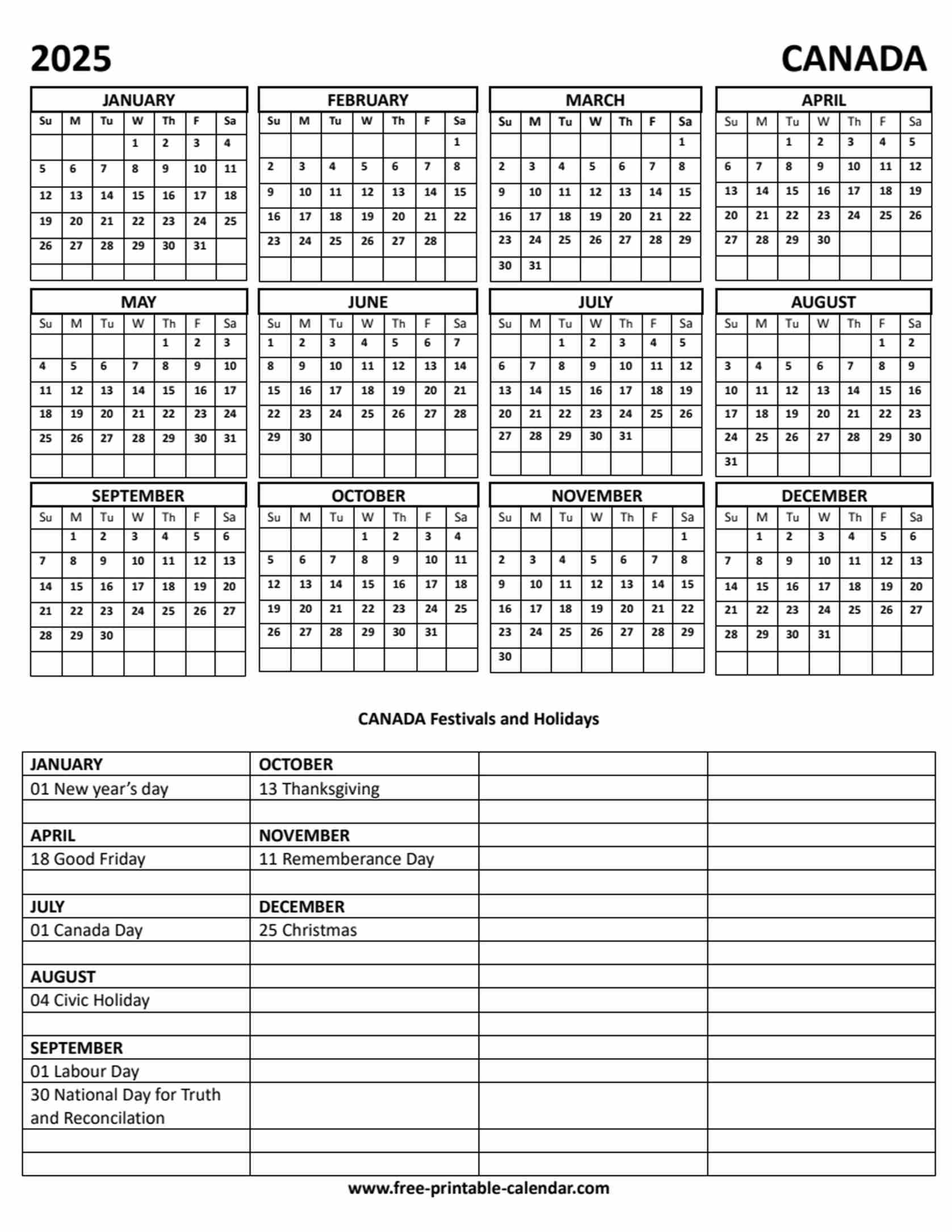 2025 Canada Holiday Calendar