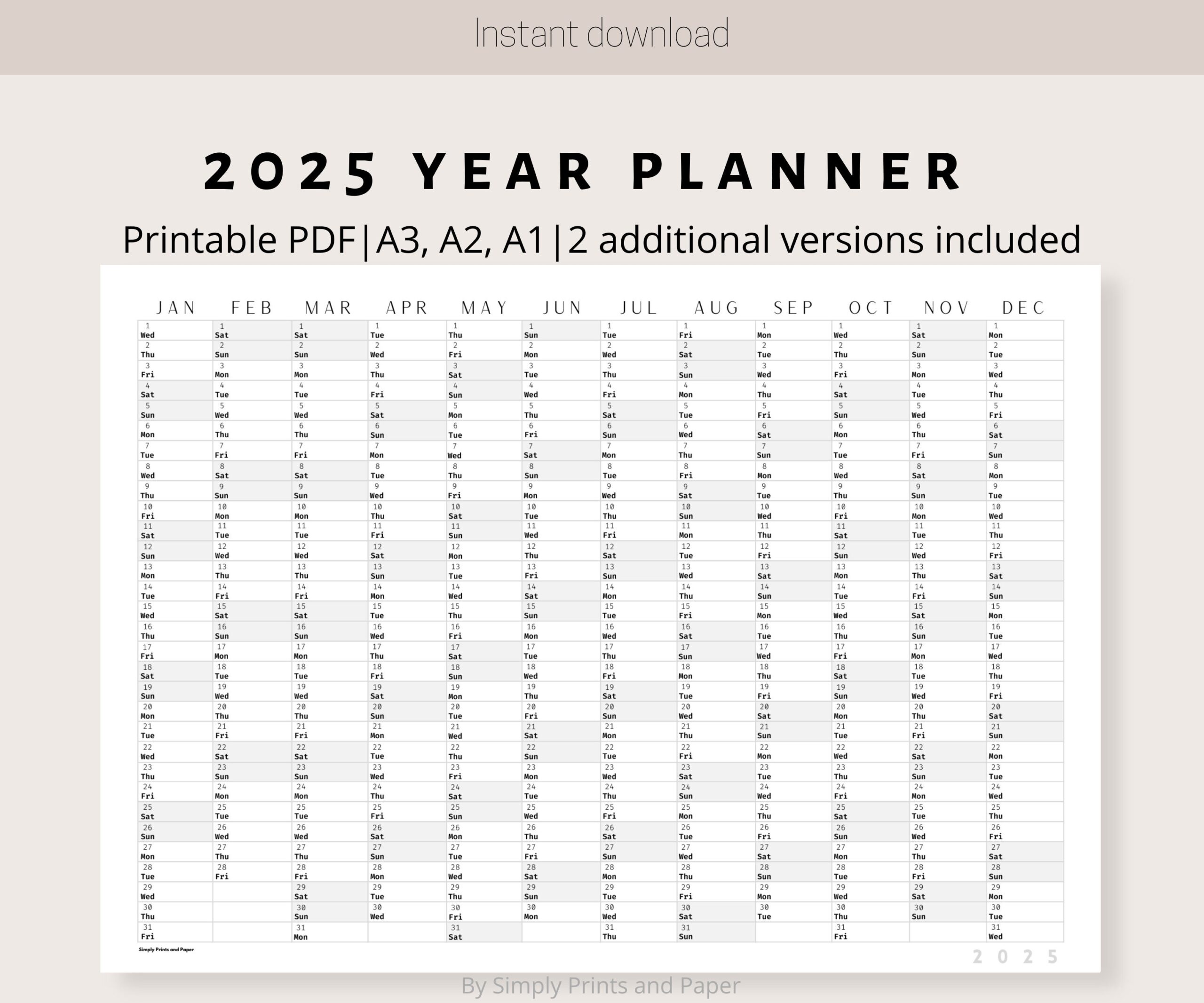 2025 Classic Wall Calendar Printable Yearly Planner Black White 