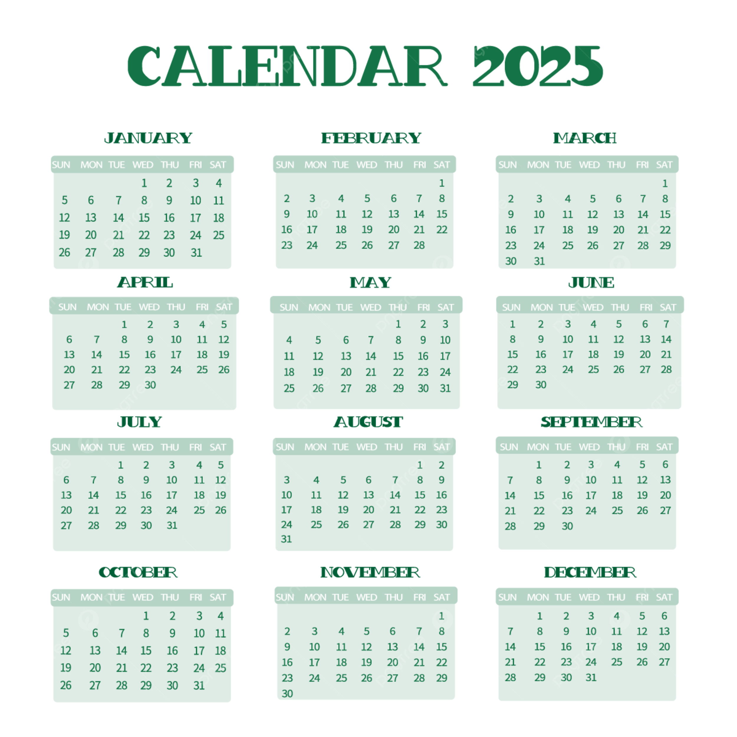 2025 English Calendar Green Vector 2025 Calendar English PNG And 