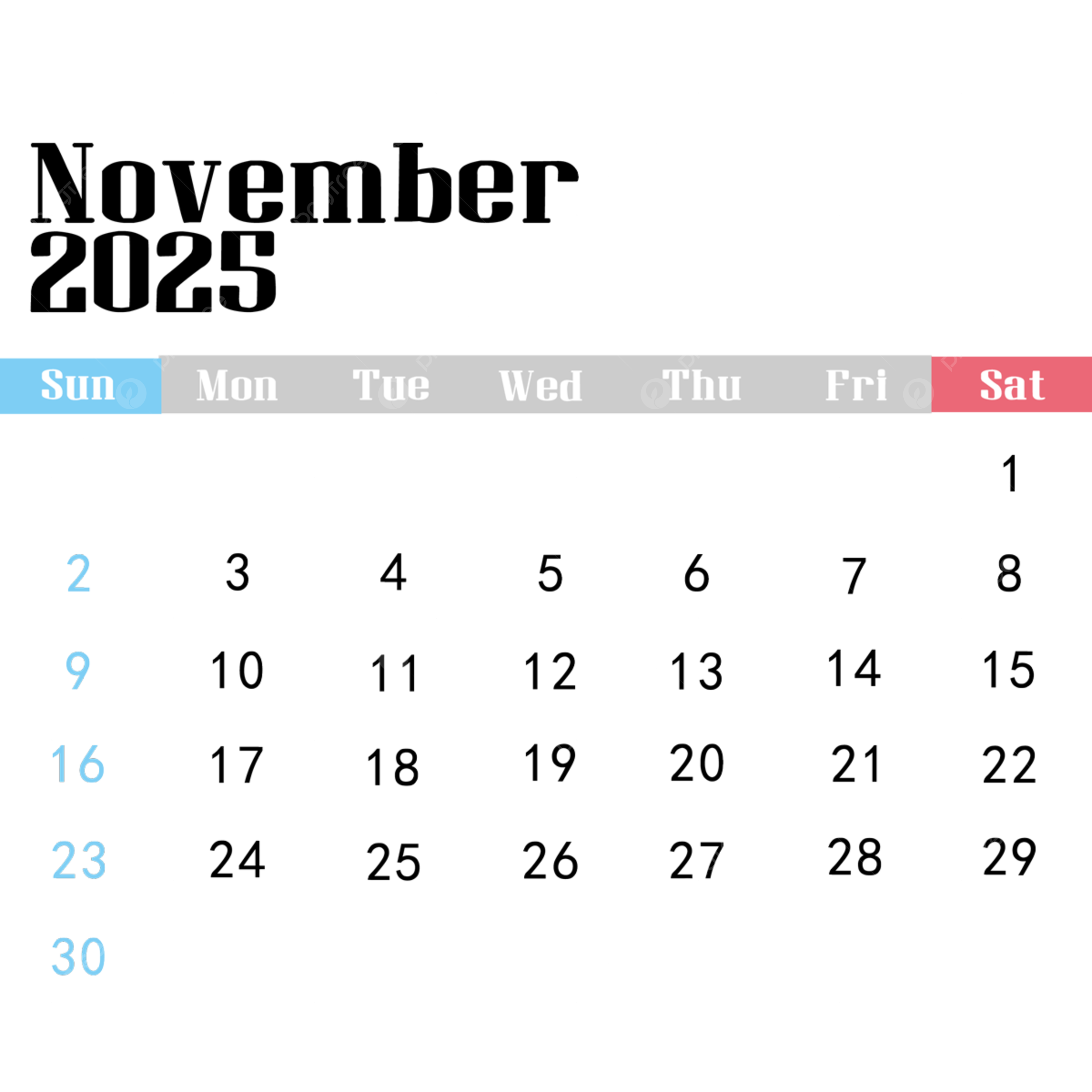 2025 English Calendar November Plan 2025 Calendar English PNG 