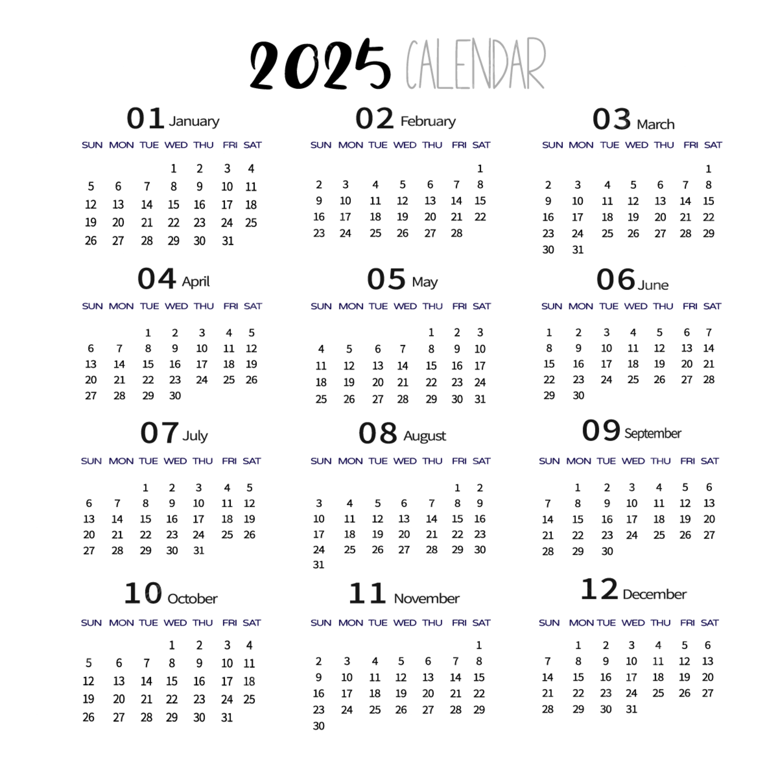2025 English Calendar Transparent Vector 2025 Calendar English PNG 