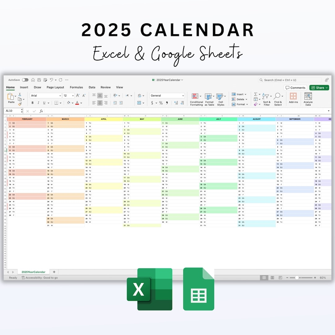 2025 Excel Calendar Google Sheets Monthly Calendar 2025 Year Planner 2025 Editable Excel And Google Sheets Template Rainbow Colors Etsy