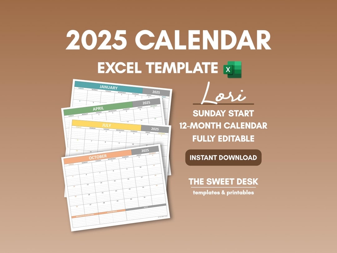 2025 Excel Calendar Template Calendar Printable Sunday Start Monthly Calendar Template Editable LORI Etsy