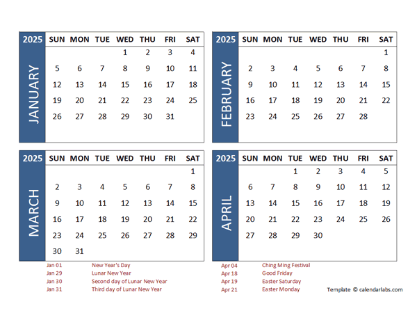 2025 Four Month Calendar With Hong Kong Holidays Free Printable Templates