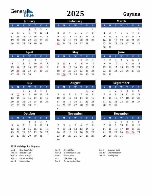 2025 Guyana Calendar With Holidays