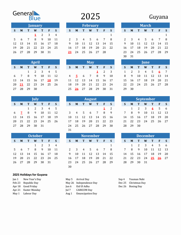 2025 Guyana Calendar With Holidays
