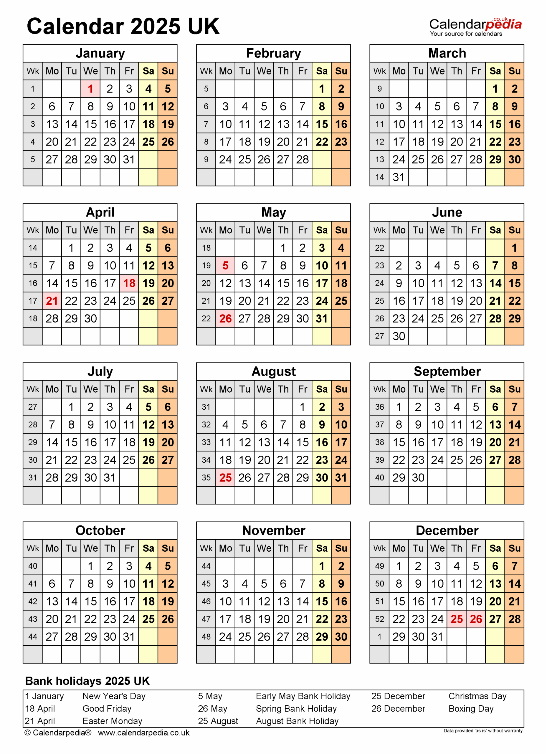 2025 Calendar Uk Printable