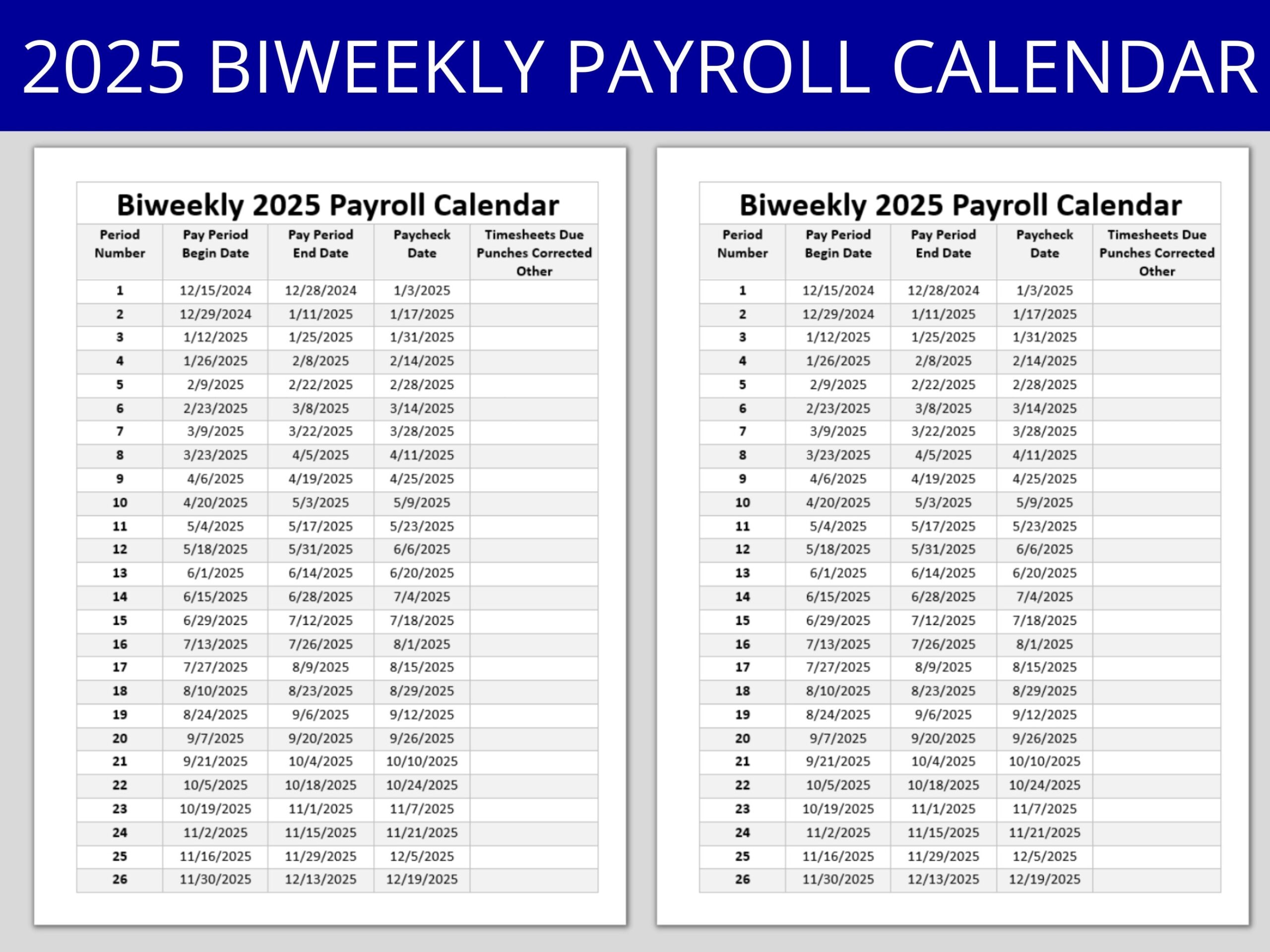 2025 Holiday Sc2025 Biweekly Payroll Calendar Template Excel Pdf Free 