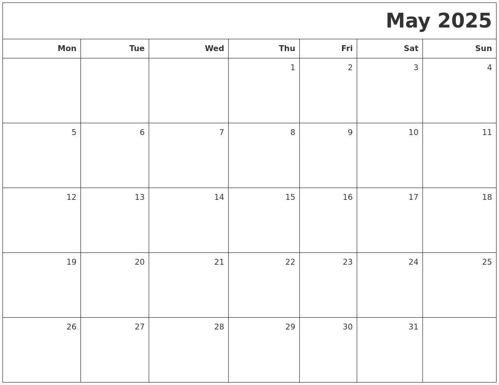 2025 May Calendar Template Printable Printable Mario D Rondeau