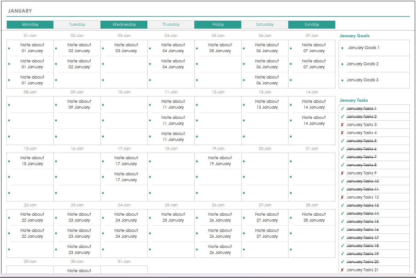 2025 Monthly Calendar Excel Template 2025 Monthly Calendar With Goals And Tasks 2025 Monthly Excel Planner Printable 2025 Calendar Etsy