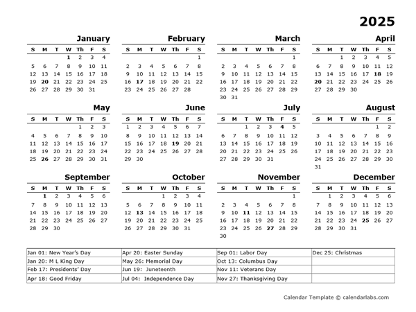 2025 Calendar With Holidays Large Print